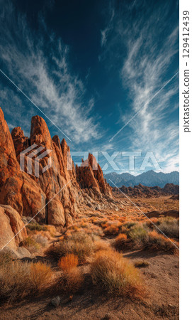 Red rock formation, desert landscape, dry grass, blue sky, dramatic cloud, mountain view 129412439