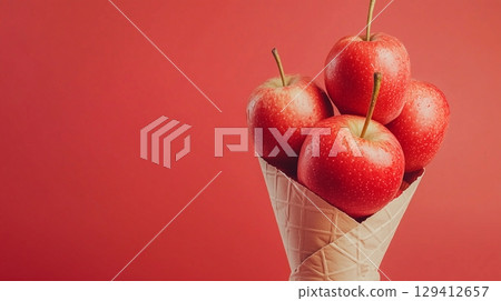 Red apple closeup organic natural snack healthy food on cone wrapped 129412657