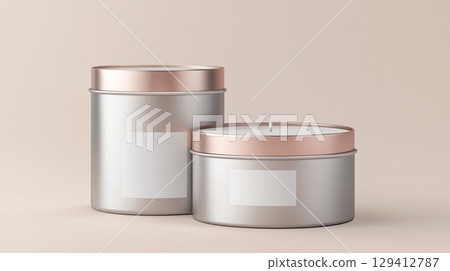 Tin candle minimalist mockup cylindrical container silver metal matte and shadow light wall 129412787