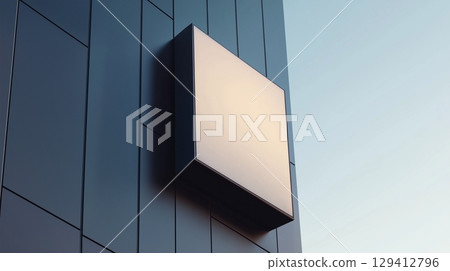 A modern wall-mounted square sign mockup minimalist dark-colored architecture 129412796