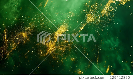Wave green flow fluid with golden sparkles magic gradient texture shimmering ornament 129412850