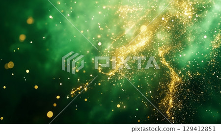Wave green flow fluid with golden sparkles magic gradient texture shimmering ornament 129412851
