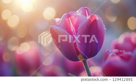 Purple tulip macro photo backlight bokeh blurred leaves with nature gardening environmental 129412891