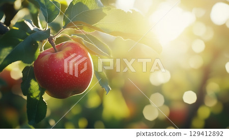 Red apple in tree with macro backlight bokeh background summer nature 129412892