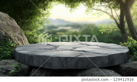 Grey stone flat podium stage showcase branding product on nature environment concept 129412916