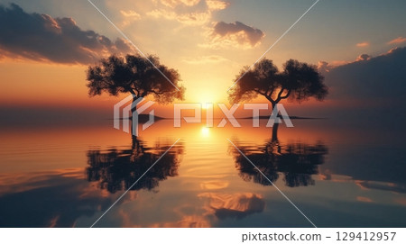 Trees silhouette at golden sunset and reflection shadow on water in beach 129412957