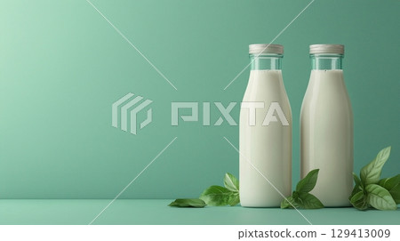 Mockup two glass healthy milk drink liquid container with leaves decoration soft background 129413009