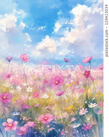 Watercolor cosmos flower landscape illustration AI image 129413034