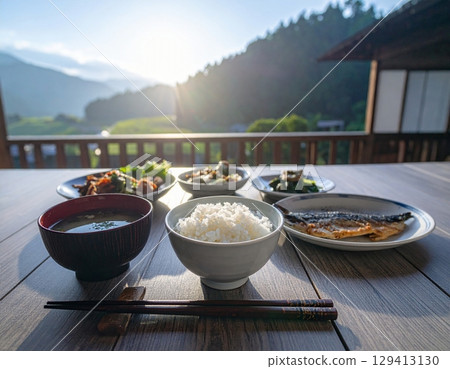 Delicious white rice and Japanese food on the table 129413130