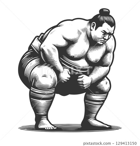 Sumo Wrestler in Pre-Fight Stance engraving vector 129413150