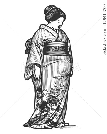 Japanese Woman in Floral Kimono engraving vector 129413200
