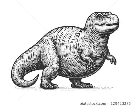 Fat chubby dinosaur engraving vector illustration Fat chubby dinosaur engraving vector illustration 129413275