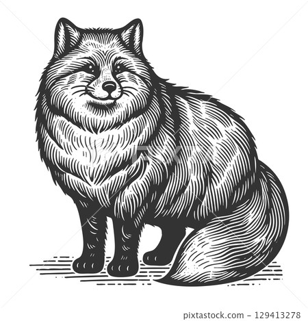 Fluffy fat Fox engraving vector illustration 129413278