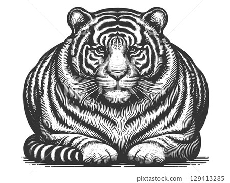 Chubby Tiger engraving sketch vector illustration 129413285