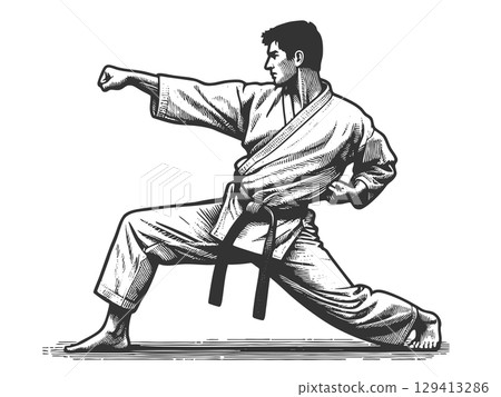 Martial Artist in Karate Pose Black Belt vector 129413286