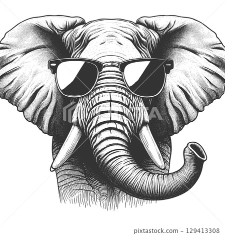 Elephant in sunglasses engraving vector Elephant in sunglasses engraving vector 129413308