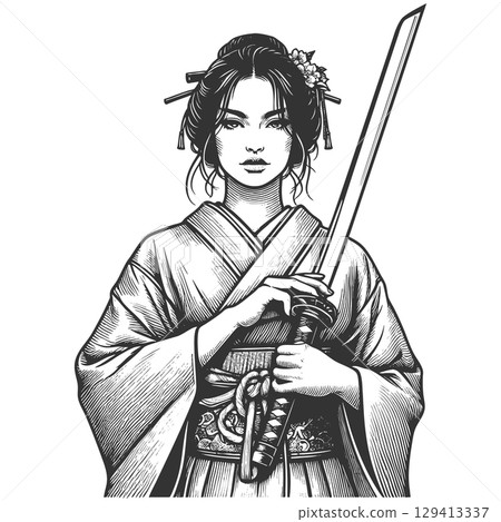 Samurai Woman in Traditional Kimono vector 129413337