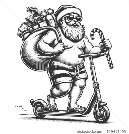 Santa Claus Riding Scooter in Swim Trunks vector Santa Claus Riding Scooter in Swim Trunks vector 129413493