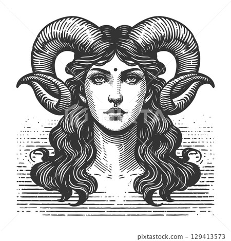 Mythical Woman with Ram Horns engraving vector 129413573