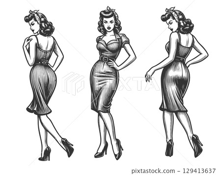 Pin-Up Woman in Elegant Poses engraving vector 129413637