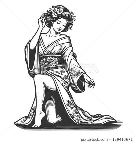 Traditional Geisha Floral Kimono engraving vector 129413671