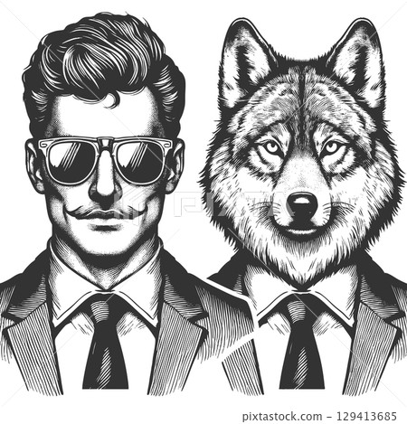 Businessman and wolf engraving vector illustration 129413685
