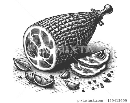 Cured Ham with Herbs and Spices engraving vector 129413699