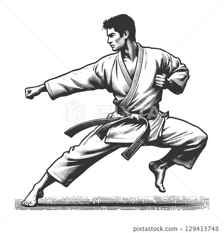 Martial Artist in Karate Gi engraving vector 129413748