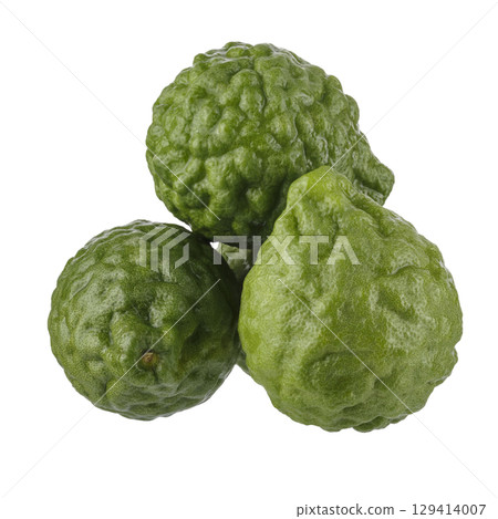 Fresh Green Kaffir Lime Fruits isolated on a white background 129414007