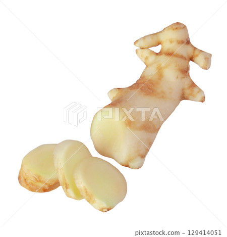 Ginger and ginger leaves isolated on white background 129414051