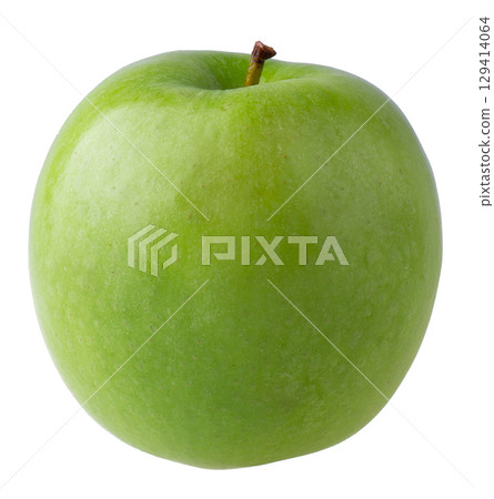 Green apple with green leaf and cut slice with seed isolated on white background. 129414064