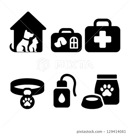六個單色剪影圖示代表寵物災難準備 六個單色剪影圖示代表寵物災難準備 129414081