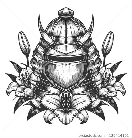 Samurai Helmet with Lilies engraving vector 129414101