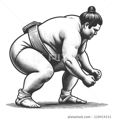 Sumo Wrestler in Pre-Fight Stance engraving vector 129414131