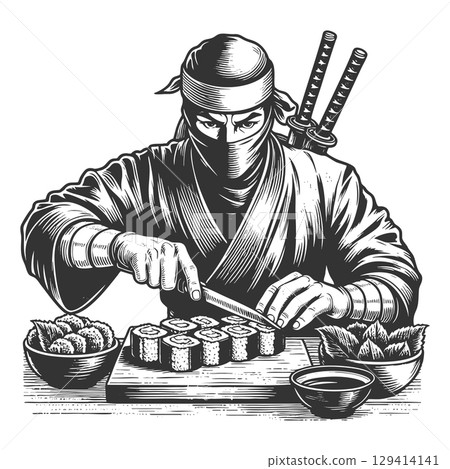 Ninja Chef Preparing Sushi Rolls engraving vector 129414141