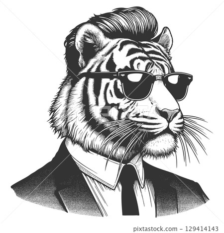 Cool tiger in sunglasses and suit engraving vector 129414143