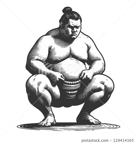Sumo Wrestler in Pre-Fight Stance engraving vector 129414165