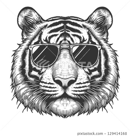 Cool Tiger in Sunglasses engraving vector Cool Tiger in Sunglasses engraving vector 129414168