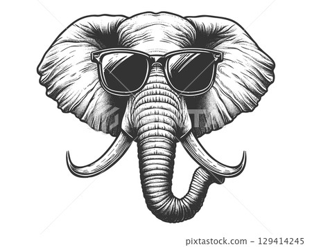 Elephant in sunglasses engraving vector 129414245