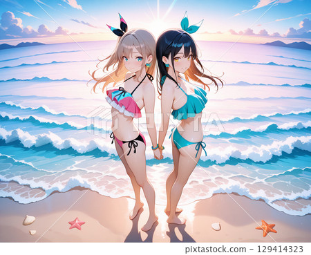 兩位面帶微笑的女人在海灘上玩耍 兩位面帶微笑的女人在海灘上玩耍 129414323