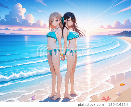 兩位面帶微笑的女人在海灘上玩耍 兩位面帶微笑的女人在海灘上玩耍 129414324