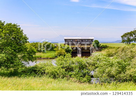 Former Iwaboki Water Gate and blue sky, Kushiro Wetlands, Hokkaido, July Former Iwaboki Water Gate and blue sky, Kushiro Wetlands, Hokkaido, July 129414335