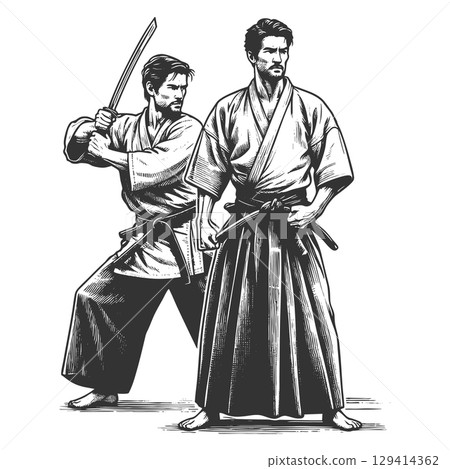 Samurai Warriors Traditional Combat Poses vector 129414362