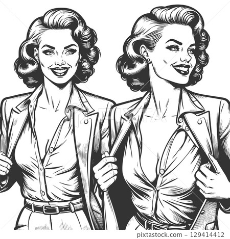 Woman in Suit with Open Shirt vector illustration 129414412
