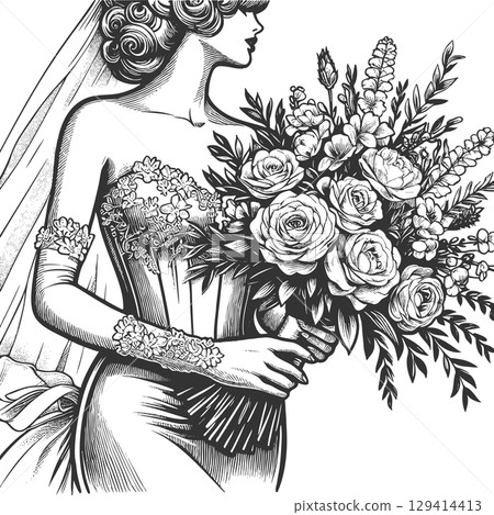 Bride with Bouquet engraving vector illustration Bride with Bouquet engraving vector illustration 129414413