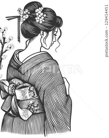 Traditional Geisha Floral Kimono engraving vector Traditional Geisha Floral Kimono engraving vector 129414451