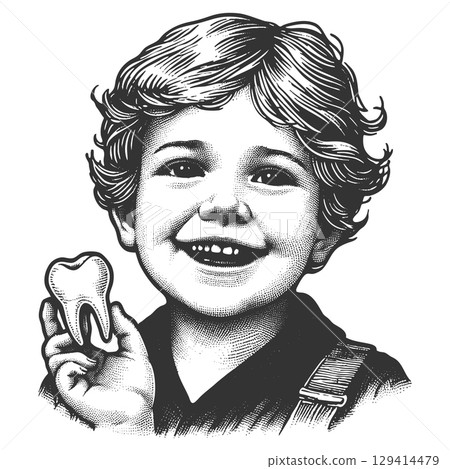 Happy Child Holding a Tooth engraving vector 129414479