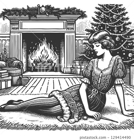 Vintage Christmas Scene by the Fireplace vector 129414490