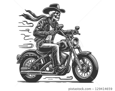 Skeleton Biker Riding Motorcycle engraving vector Skeleton Biker Riding Motorcycle engraving vector 129414659