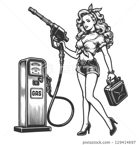 Woman at Gas Pump engraving vector illustration 129414697
